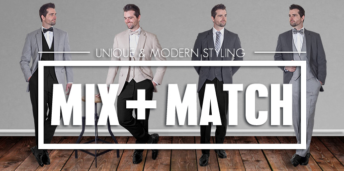 Mix and Match coat and pants colors for your groom and groomsmen. Allure Collection Suits, Mix tan coat and black pants, grey coat and black pants, tan coat and blue pants