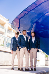 Balboa Bay Club Wedding Slate Blue Allure Coat and Tan Allure Pants Boat Dock