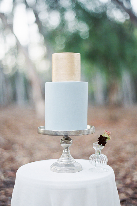 Into the woods outdoor romantic wedding shoot two tier wedding cake light blue bottom tier with gold top tier on silver stand and white table linen with white and purple flower decor wedding photo idea for cake