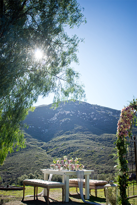 San diego outdoor woodland wedding shoot table set up white wood table with vintage decor and blush pink glassware with white and green flower centerpiece decor with white vintage benches and white place settings